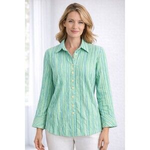 J Jill Textured Stripe Blouse Mint Green Blue Raised Fabric XL